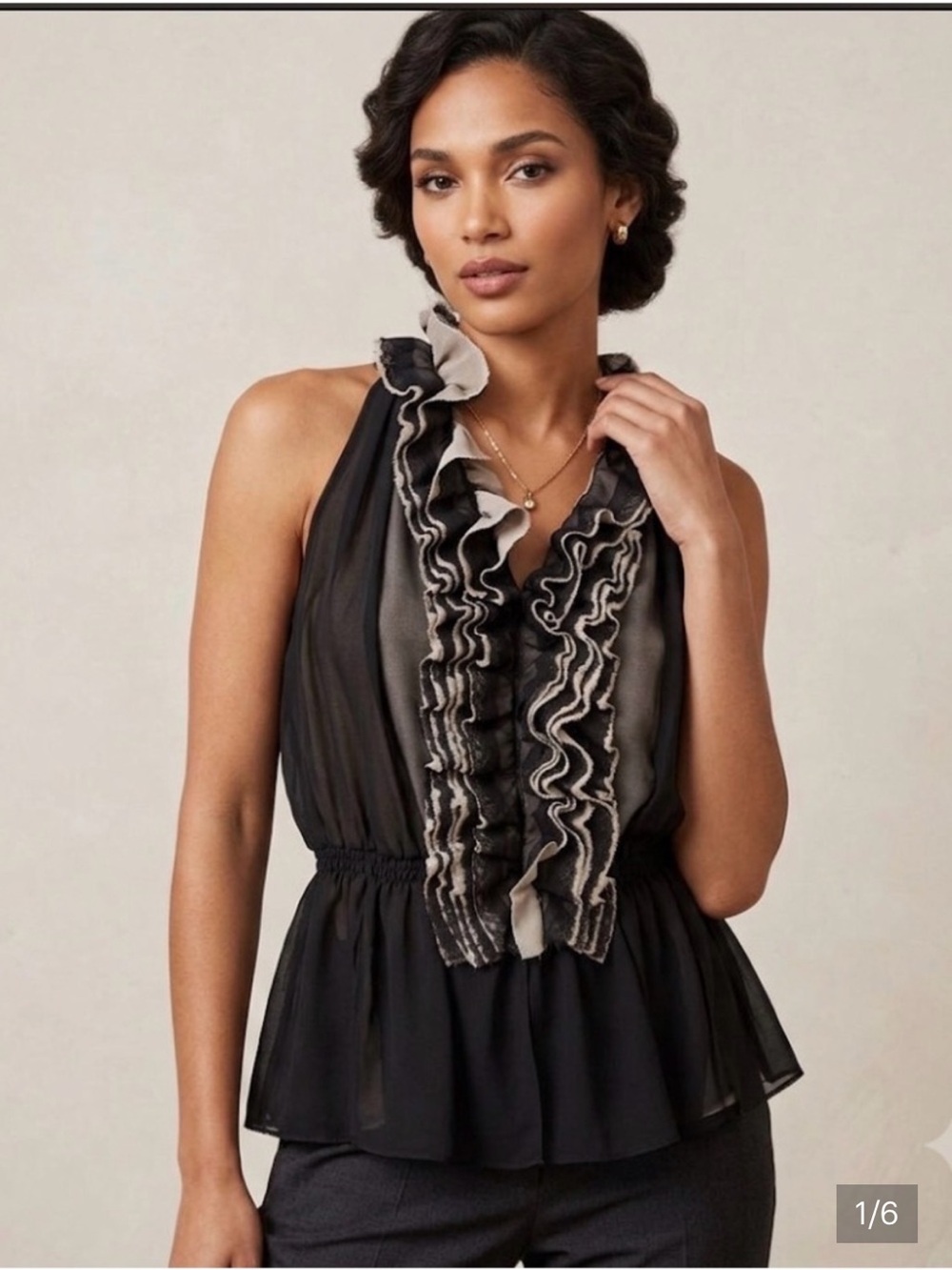 Robert Rodriguez Black Halter Ruffle Peplum Lace with Cream Trim